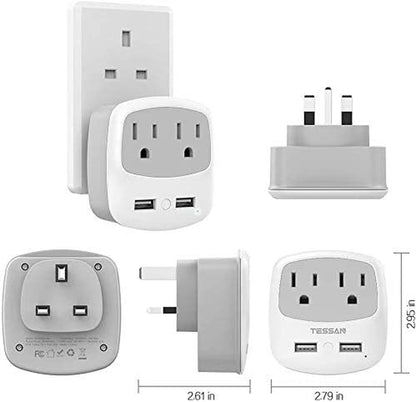 US to UK Plug Adapter, Type G Travel Adaptor with 2 USB 2 Electrical Outlets, UK Power Adapter for USA to Ireland England London Scotland British Dubai Kenya Hong Kong Qatar, 2-Pack